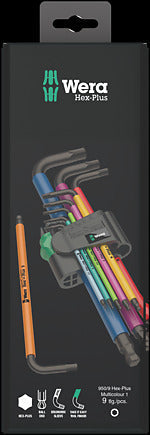 9-Piece Multicolour Metric Hex-Plus L-Key Set with Ballpoint Long Arm